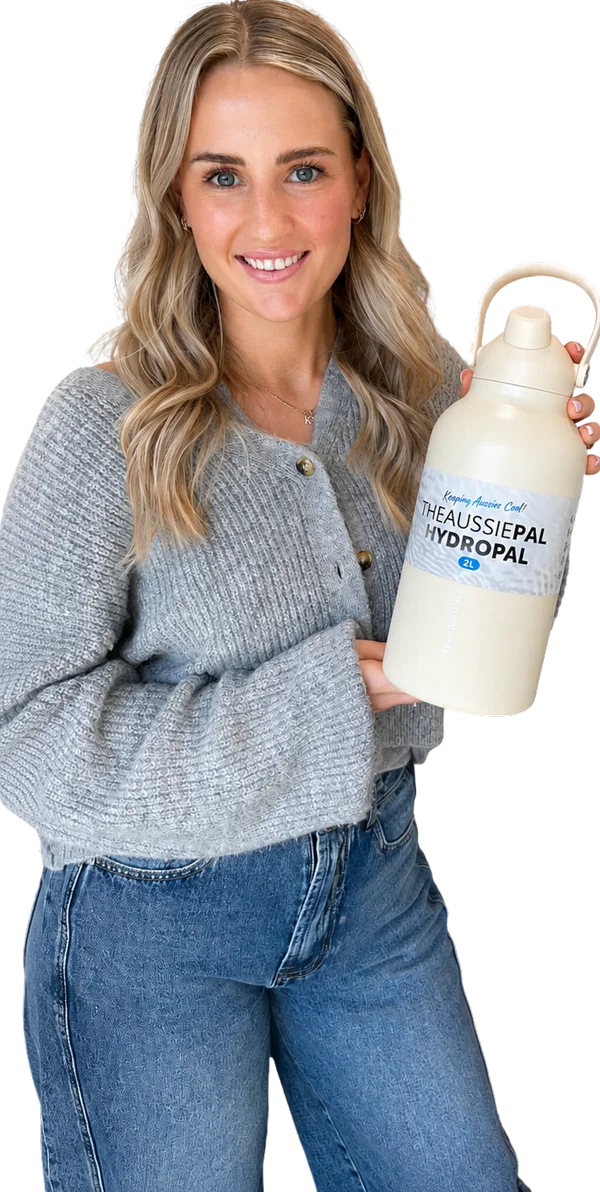Aleasha holding a The Aussie Pal drink bottle