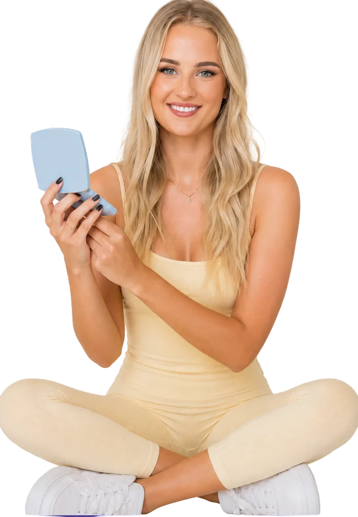 Aleasha Reynolds holding a compact mirror